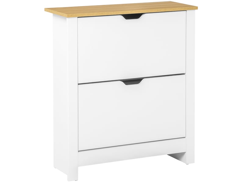  Meuble à chaussures étroit pour 12 paires avec 2 tiroirs rabattables et étagères réglables, style moderne pour couloir ou entrée, dimensions 72 x 26 x 80 cm, blanc et chêne  - Conforama A