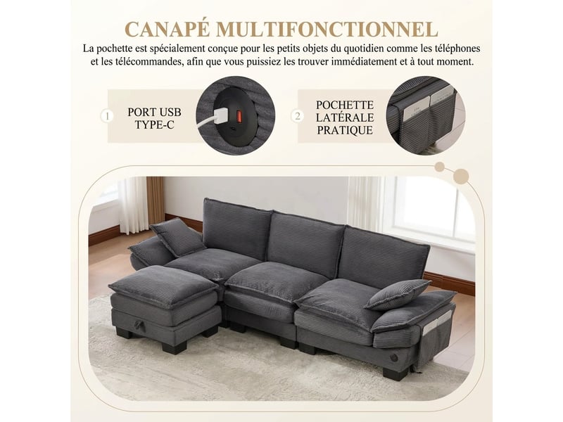 Canapé modulaire avec pouf rangement 260 x 132 x 84 cm - velours côtelé et usb-c intégré - Conforama D