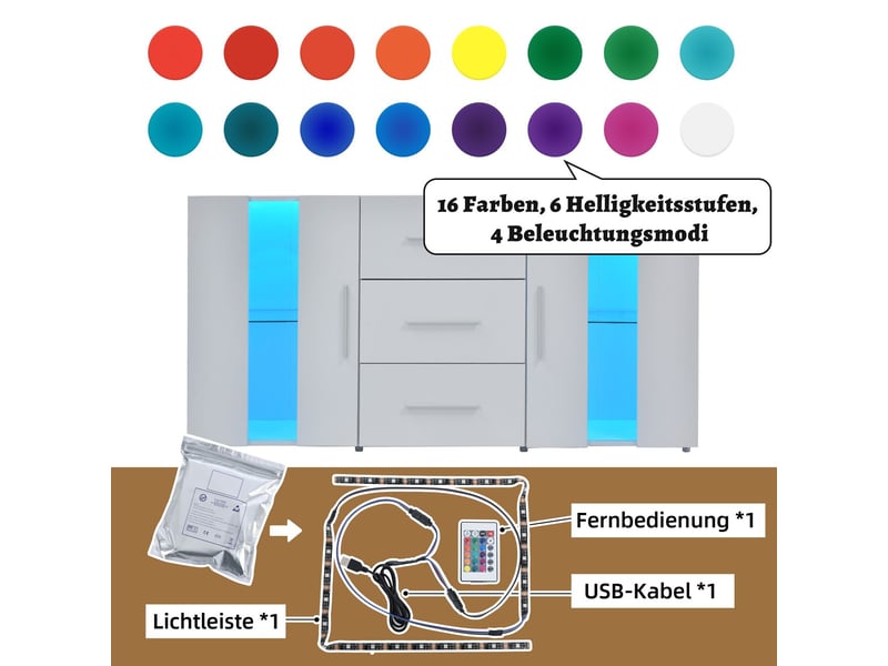  Buffet haut tv 140x35x70 cm avec espace de stockage, buffet de cuisine avec 16 couleurs de lampes led pour salle à manger salon  - Conforama E