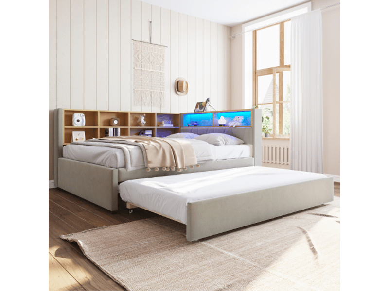 Canapé-lit 140x200 cm gris clair en flanelle, tiroir et rangements intégrés – canapé convertible - Conforama B