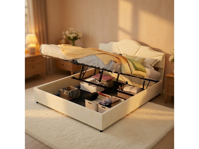  Lit coffre haut avec tête de lit rembourrée beige 160x200cm inclut matelas 160x200cm vérin pneumatique design moderne  - Conforama B