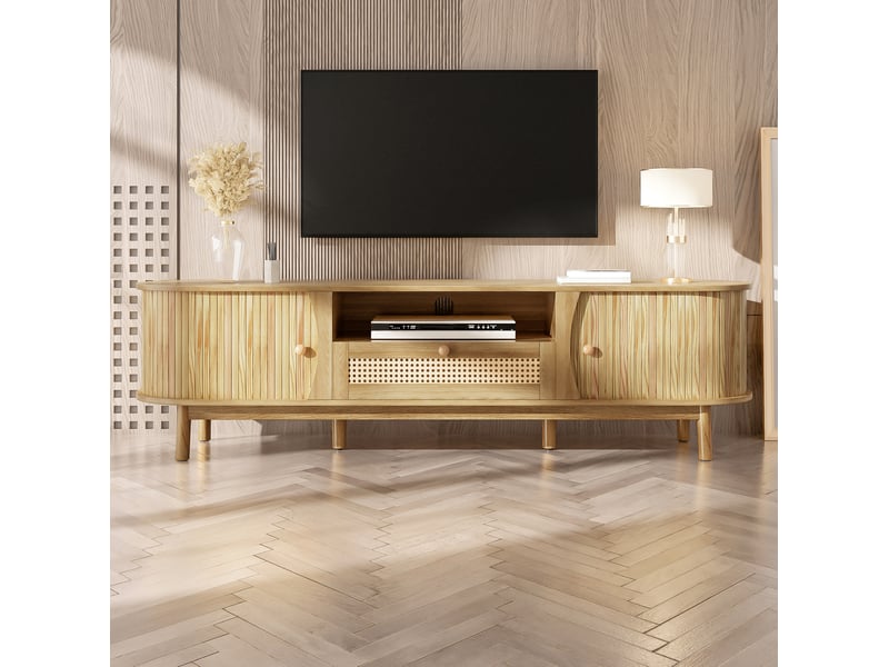  Meuble tv 165 x 37 x 46 cm en mdf avec portes coulissantes et tiroir en rotin naturel  - Conforama D
