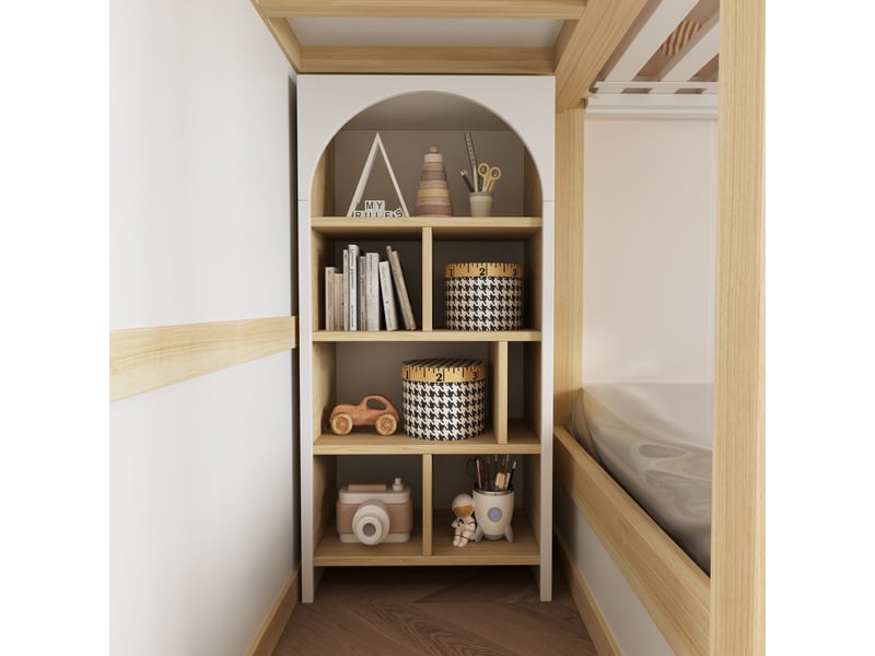 Lit superposé 90x200 cm, lit enfant, tiroirs, étagères, échelle sécurisée, motif nuage, bois gris, blanc, bois naturel - Conforama W