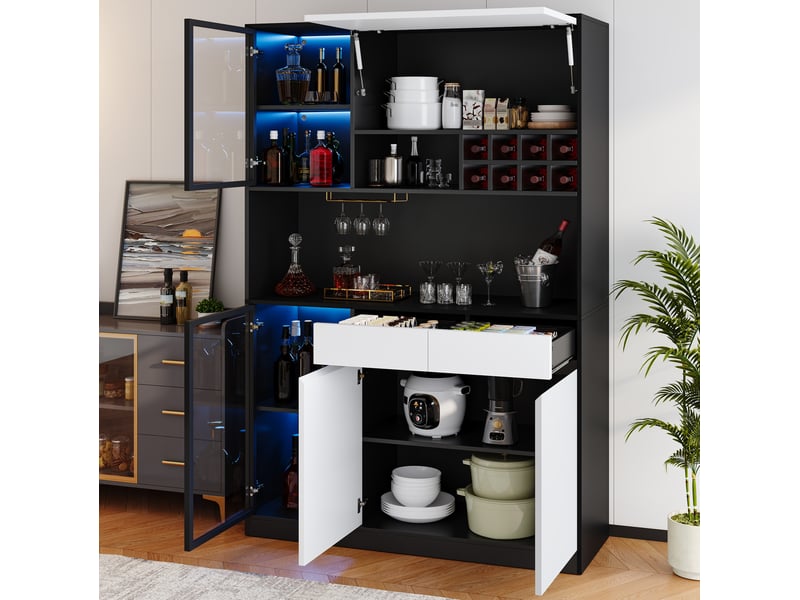 Buffet haut avec led et porte-verres 120x35x180 cm en mdf noir et blanc - Conforama W