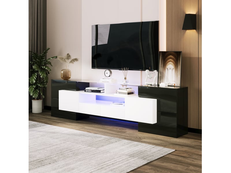  Meuble tv moderne 200cm, éclairage led, 4 portes, espace de rangement, 2 tiroirs, en mdf couleur noir brillant  - Conforama B
