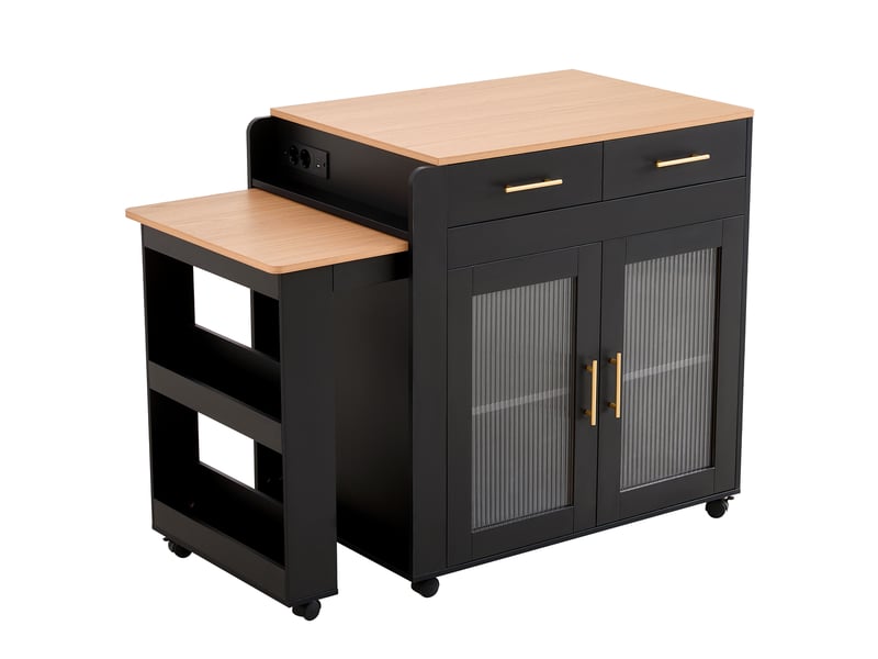  Îlot de cuisine extensible noir avec prises et rangements 177 cm Fay Lum - Conforama W