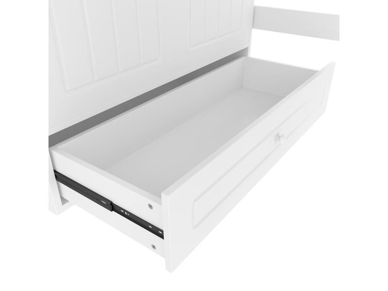  Lit mezzanine 90 × 200 cm, pin et mdf, armoire avec tiroir, led, échelle, barrières à motifs fenêtres, blanc et rose  - Conforama E