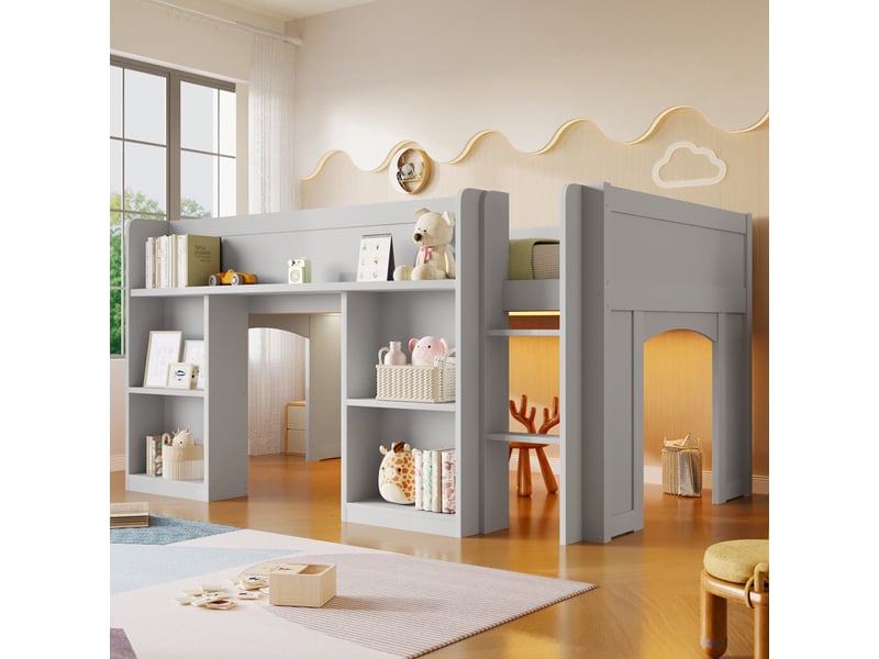 Lit mezzanine bas 90x200cm pour enfant, bibliothèque intégrée, étagères ouvertes, led multicolore, plateau de rangement et finition grise pour - Conforama B