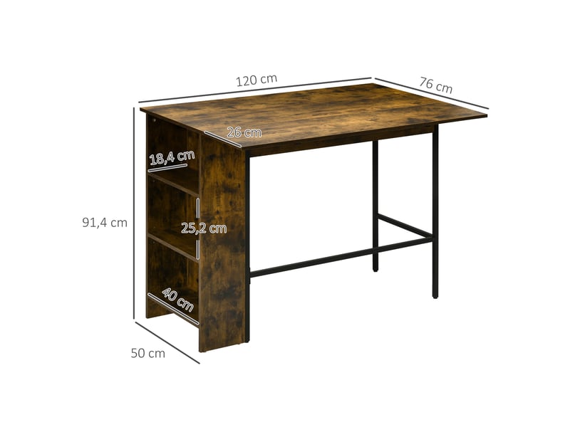  Ilot centra table de bar plateau rabattable  latéral et 3 étagères 120 x 76 x 91,4 cm brun rustique  - Conforama C