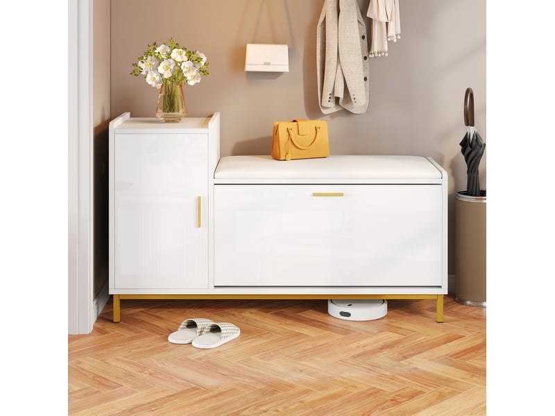  Meuble à chaussures 100x38x68 cm rangement 2 niveaux siège rembourré pieds dorés panneau de particules, métal blanc doré  - Conforama B