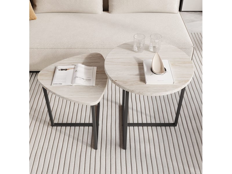  Lot de 2 tables basses gigognes rondes 45x48 et 42x40 cm, gain de place, design industriel, métal, chêne blanc américain  - Conforama B