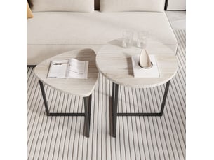 Lot de 2 tables basses gigognes rondes 45x48 et 42x40 cm, gain de place, design industriel, métal, chêne blanc américain