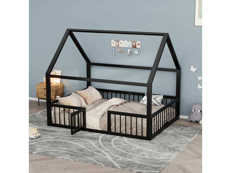  Lit double 140x200 cm avec moulures décoratives, lit enfant avec balustrade, structure en métal, lit 2 personnes en noir  - Conforama E