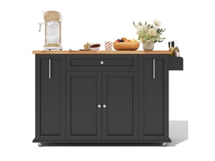 Desserte de cuisine avec plateau rabattable, 3 tiroirs, 2 portes et roulettes avec frein, en mdf noir et naturel