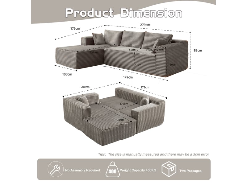 Canapé d’angle modulable modenvie 2 places avec chaise longue en velours côtelé gris 279 x 179 x 83 cm - Conforama C
