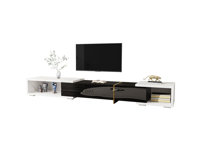  Meuble tv extensible 140-260 cm pivotant effet marbre blanc et noir  - Conforama A