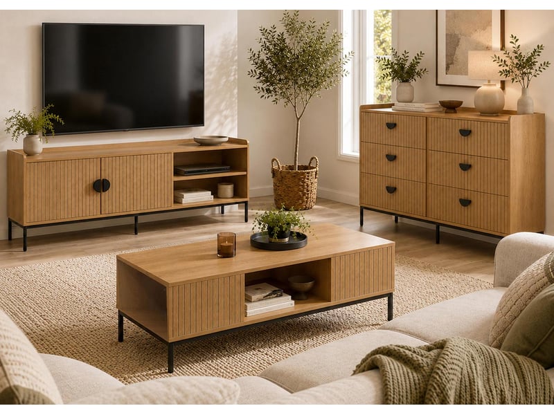  Ensemble de salon hwc-o39, meuble tv, commode, table basse, étagères et tiroirs, mdf mélaminé - naturel  - Conforama B