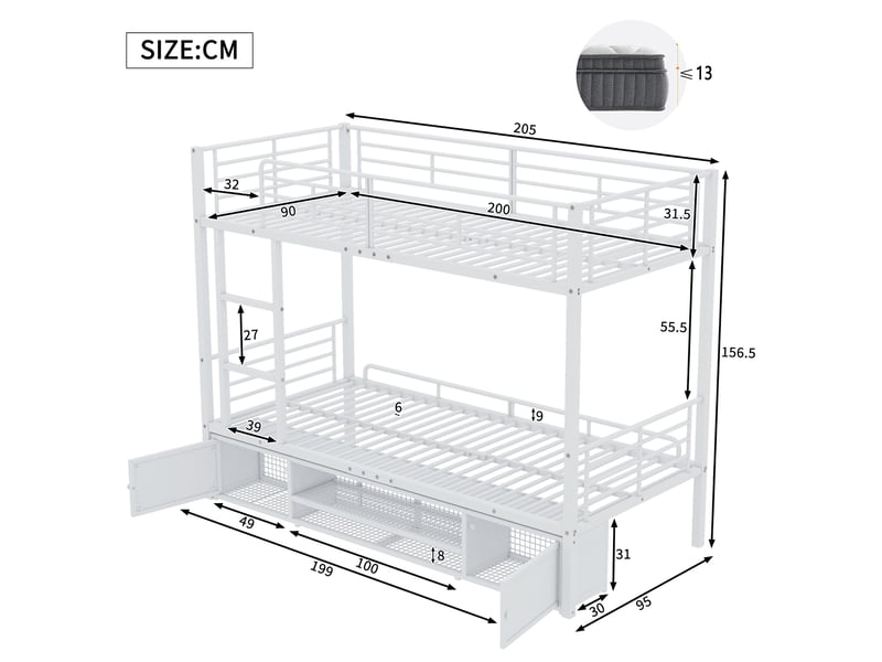  Lit superposé en fer, avec meuble à chaussures ouvert et petit meuble de rangement à double porte, idéal pour enfants et adolescents. Lit enfant avec échelle latérale et barrière de sécurité. En fer blanc, 90 x 200 cm.  - Conforama C