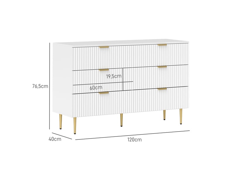 Commode 6 tiroirs commode chambre meuble de rangement moderne avec poignées et pieds dorés, blanc, 120 x 40 x 76,5 cm - Conforama C