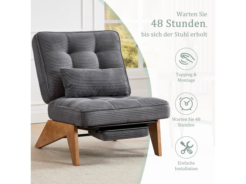  Fauteuil de salon 127x73x90cm – pas d'accoudoirs - avec repose-pieds rétractable, dossier inclinable et coussin lombaire – velours côtelé - gris  - Conforama D