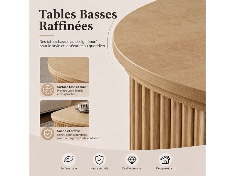  Table basse ronde couleur naturelle avec plateau rabattable, grand espace de rangement caché, design ondulé style rétro, 80x80x50 cm  - Conforama R