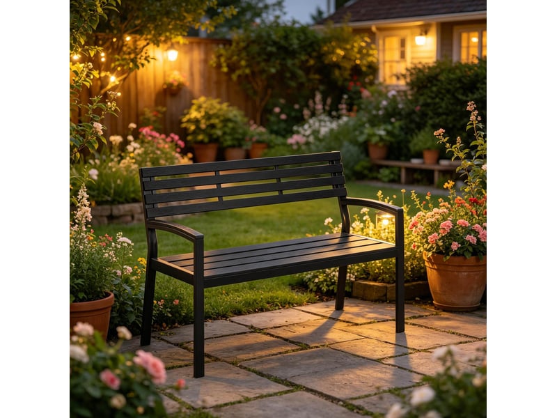  Banc de jardin extérieur 115 x 55 x 85 cm avec dossier et accoudoirs noir  - Conforama E