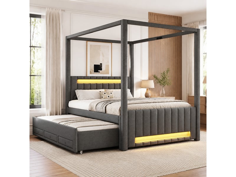  Lit à baldaquin double 140×200 cm avec lit gigogne, 3 tiroirs et led réglable - okmyhome- gris, sans matelas  - Conforama B