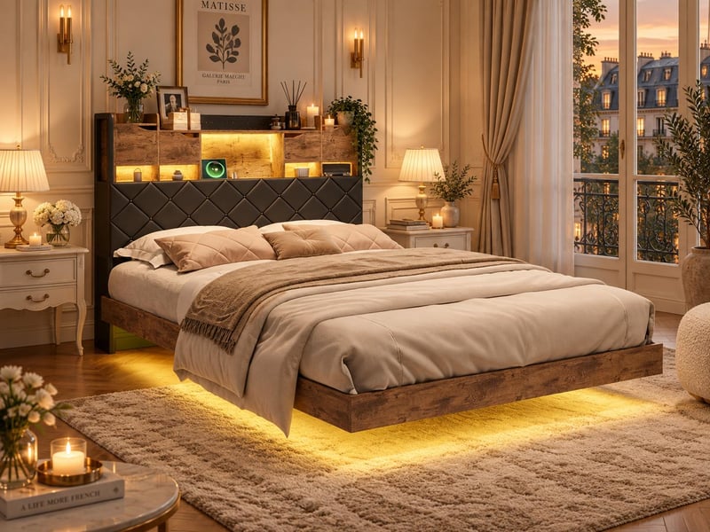  Lit 160x200 cm - led intégrée et rangement - tête de lit avec étagères - style industriel bois et métal - sommier inclus  - Conforama B