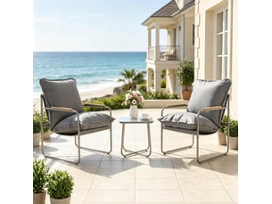 Salon de balcon 2 fauteuils 70,7x58,5x80 cm, table 45x45 cm gris métal et verre, coussins inclus