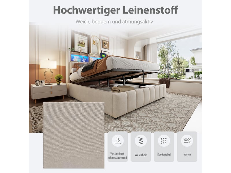  Lit capitonné 180x200 cm beige en lin, led, prise usb, tête avec rangements et coffre hydraulique et cadre métal stable  - Conforama E
