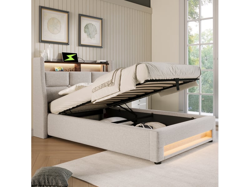  Lit coffre 1 place 90 x 200 cm beige clair avec led et ports usb  - Conforama B
