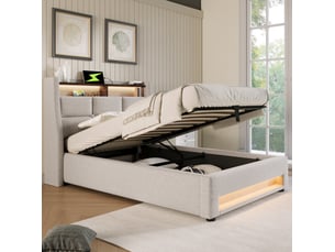 Lit coffre 1 place 90 x 200 cm beige clair avec led et ports usb