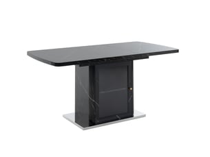 Table à manger extensible 120-160 x 80 cm avec meuble de rangement intégré, plateau mdf effet marbre noir, porte vitrée et base métal