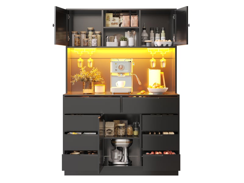  Armoire de cuisine haute noire 120x40x183.5cm, meuble de rangement avec led, 8 tiroirs, étagères réglables  - Conforama D