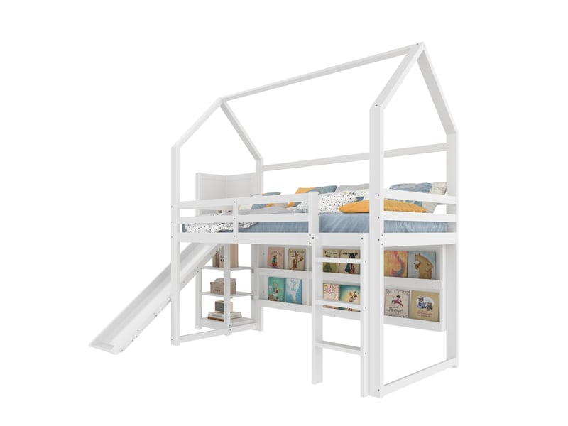  Lit mezzanine enfant 90x200 cm, forme maison avec toboggan, rangements, pin, mdf, contreplaqué, blanc, sans matelas  - Conforama A