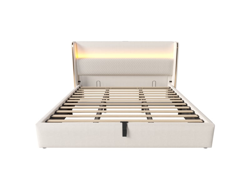  Lit hydraulique led tête de lit haute lin beige 180x200 cm rangement usb-c avec matelas  - Conforama A