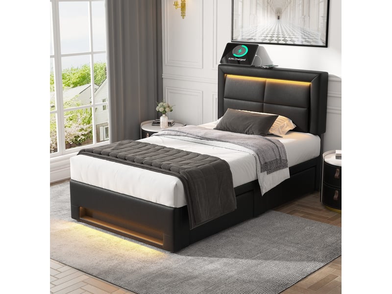  Lit enfant 90x190cm, 4 tiroirs inclus, lumières avec éclairage led, ports usb de chargement, style moderne, pu, noir, sans matelas  - Conforama D