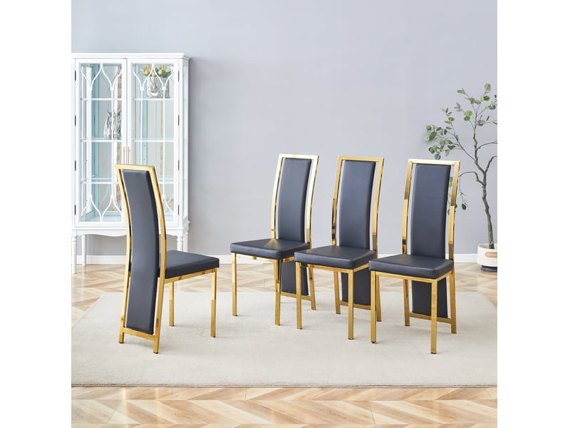  Lot de 4 chaises de salle à manger à dossier haut rembourrées en métal et cuir pu noir et doré  - Conforama B