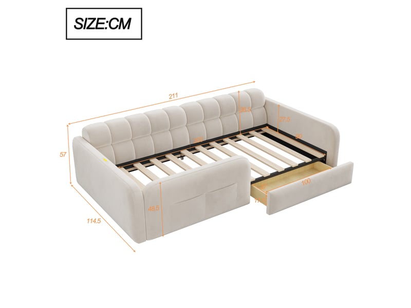 Lit enfant 90x200 cm beige en velours avec tête de lit sofa, veilleuse, usb-c, tiroir et barrières - Conforama C