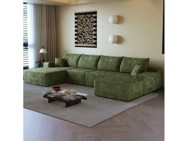  Canapé d'angle modulaire 340x175x83 cm avec méridienne en l, assise profonde, vert  - Conforama C