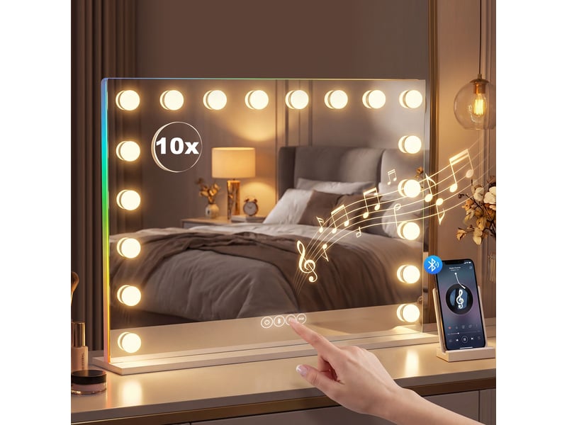  Miroir de maquillage hollywoodien avec 18 led à intensité variable, 3 couleurs, éclairage rgb, haut-parleur bluetooth, grossissement x10, blanc  - Conforama C