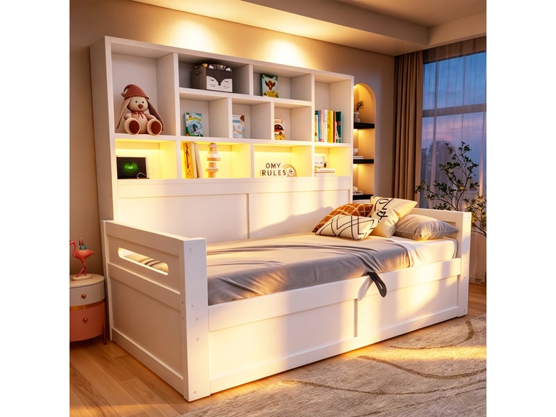 Canapé-lit 90x200 cm avec rangement hydraulique, lit simple avec led et prises, coffre multifonction pour adolescent, structure en bois, blanc OPULERANE TRADING LTD - Conforama E