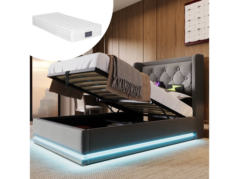  Lit coffre 90x200 - lit simple rembourré avec fonction usb type-c et led - coton - matelas inclus - gris  - Conforama B