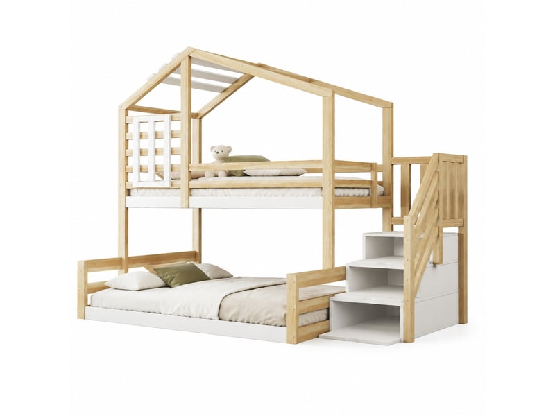  Lit superposé, lit 3 places avec escalier de rangement et garde-corps, 90x200 et 140x200 cm, sans matelas  - Conforama A