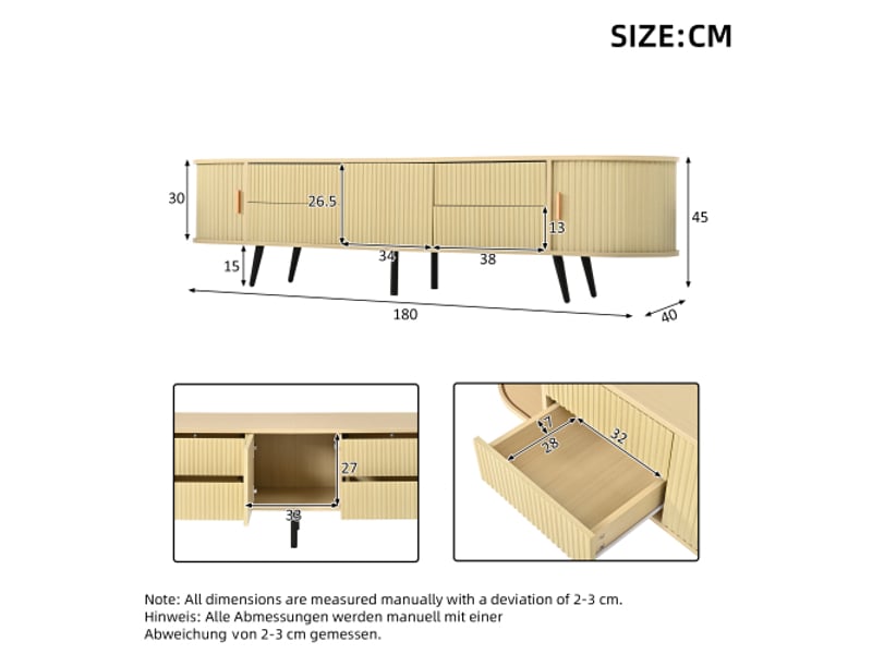  Meuble tv bois ovale 180x40x45 cm – rayures, 4 tiroirs, 1 placard, portes à volet roulant, pour tv 80 pouces  - Conforama C
