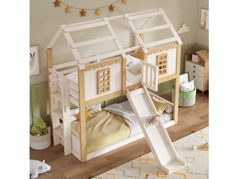  Lit superposé enfant 90x200 cm avec toboggan bois et mdf blanc et bois sans matelas  - Conforama D