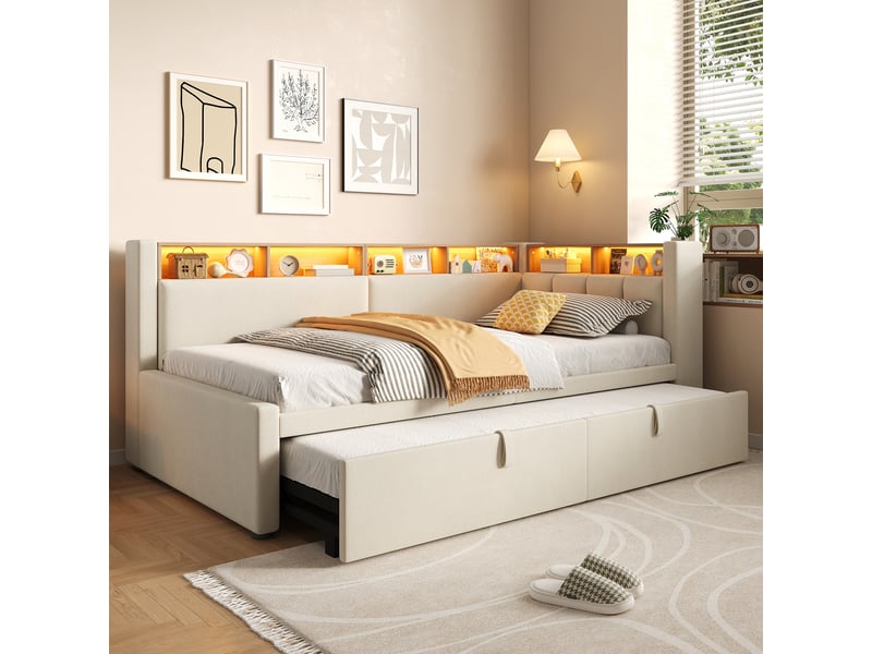 Canapé-lit extensible 90 x 200 à 180 x 200 cm avec led et rangement ouvert, lit banquette rembourré en lin beige avec tête de lit d’angle - Conforama B