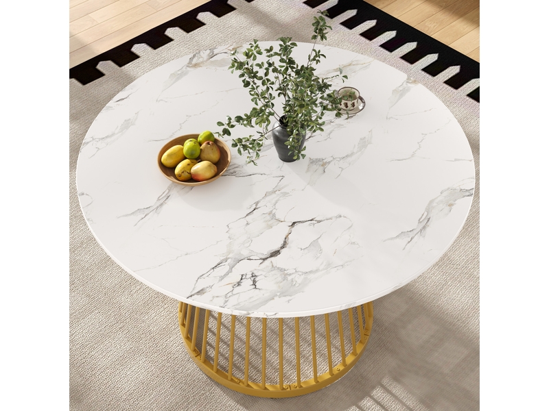  Table ronde, ø 80 cm, table de salle à manger effet marbre pieds, plateau mdf, piètement métal, coloris blanc et doré  - Conforama D