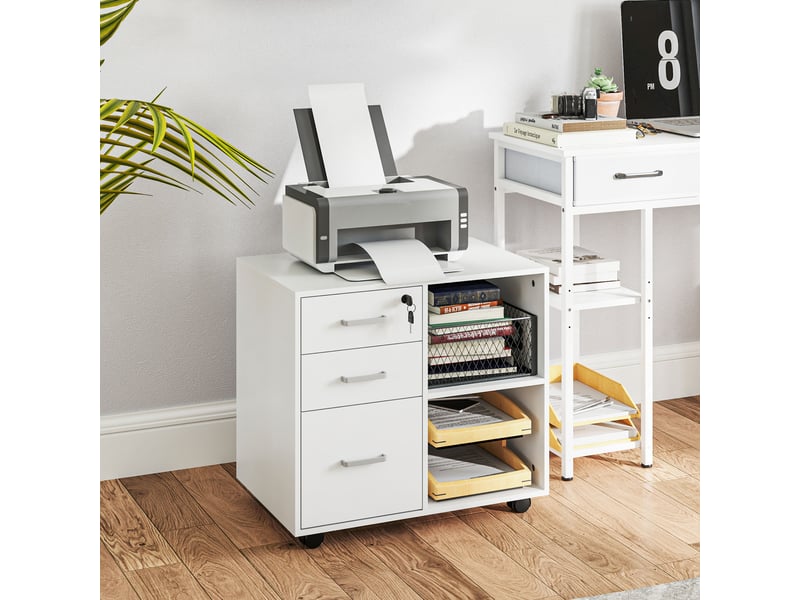  Classeur de bureau à 3 tiroirs, roulettes, serrure et clés, 60 x 40 x 56 cm, blanc  - Conforama B