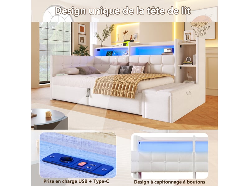  Canapé-lit 90x200 cm, lit enfant, couchage d'appoint, rangement hydraulique, led, usb et usb-c, velours blanc  - Conforama R